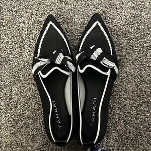 Tahari Black and White Pointed Knit Bow Slip-On Flats